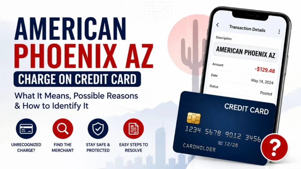 American Phoenix AZ charge on credit card explained with a smartphone displaying the transaction, credit card, and billing descriptor illustration.