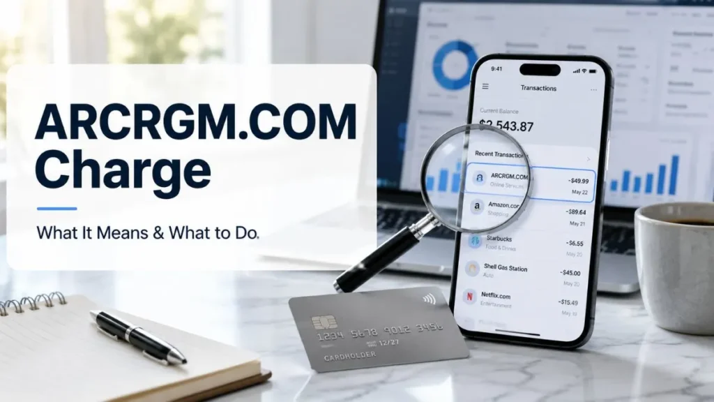 ARCRGM.COM charge on credit card shown in a mobile banking app with a credit card and magnifying glass explaining an unfamiliar transaction.