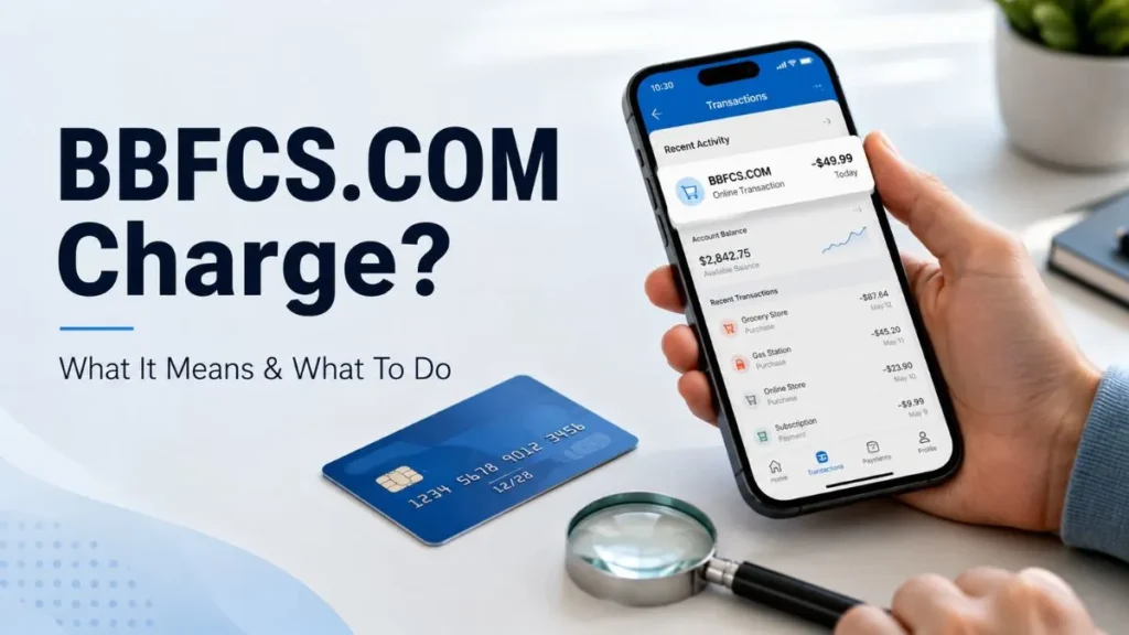 BBFCS.COM charge on credit card displayed in a banking app with a credit card and payment notification