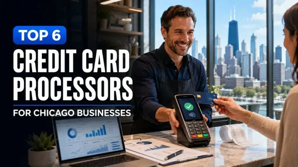 Best Credit Card Processing Companies Chicago comparison showing a business owner accepting a secure credit card payment with a modern POS terminal