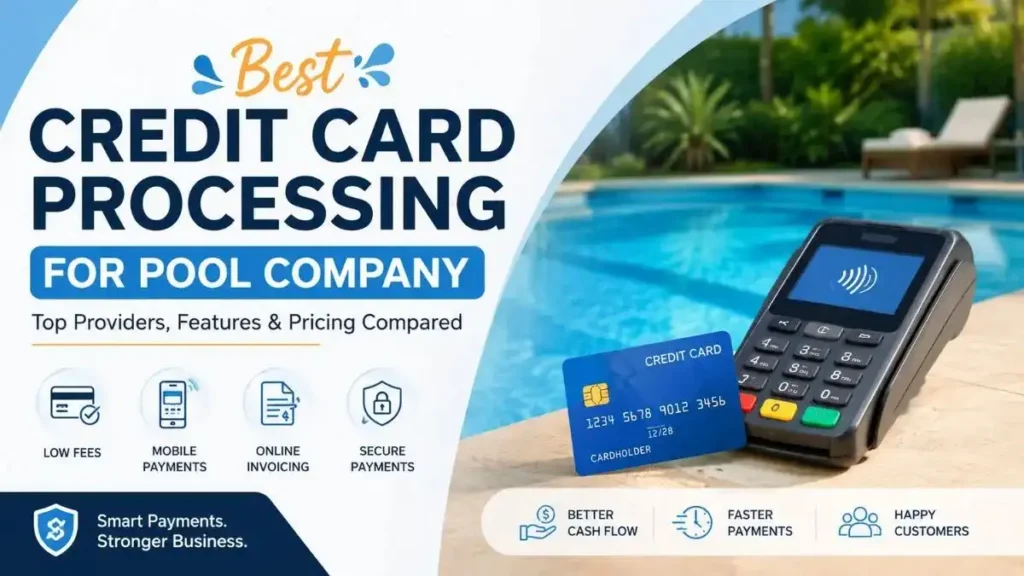 Best credit card processing for pool company comparison showing payment terminal, credit card, and swimming pool with top payment providers.