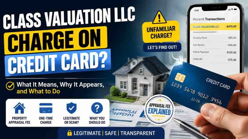 Class Valuation LLC charge on credit card explained with a property appraisal fee and mortgage payment illustration.