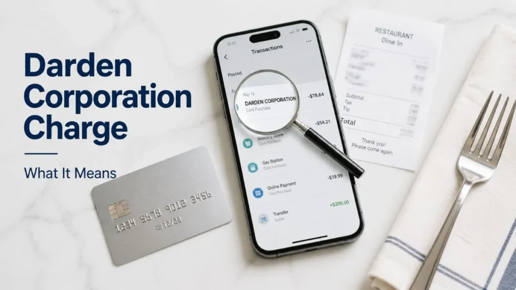 Darden Corporation charge on credit card displayed on a mobile banking app with a credit card and restaurant receipt, explaining an unfamiliar transaction.