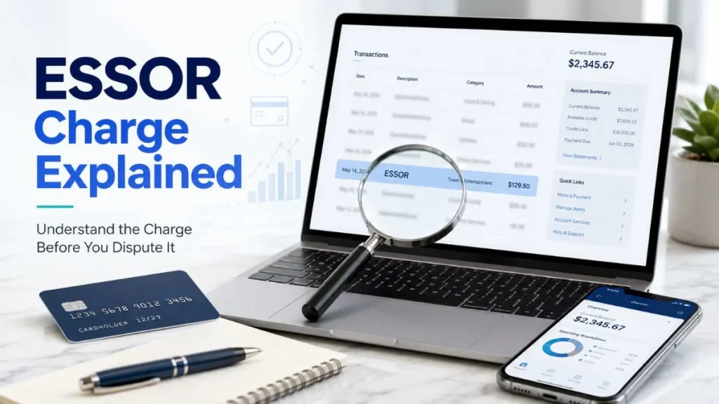 ESSOR charge on credit card explained with a laptop displaying an ESSOR transaction, credit card, smartphone, and payment verification tools in a modern financial workspace.