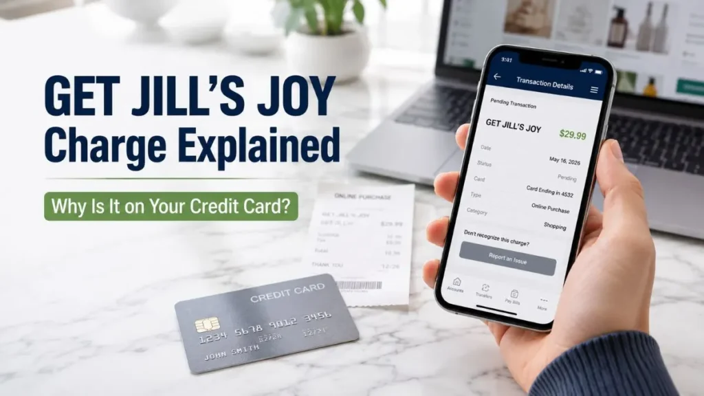 GET JILL'S JOY charge on credit card displayed in a mobile banking app with a credit card and receipt, explaining an unexpected transaction.
