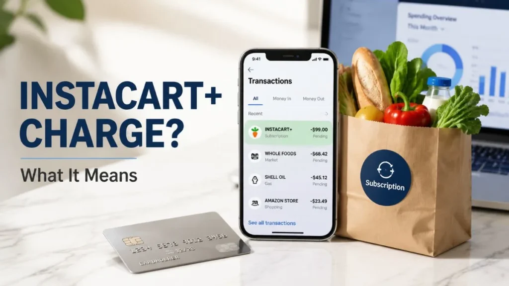 Instacart subscription charge on credit card shown in a mobile banking app beside a credit card and grocery delivery bag.