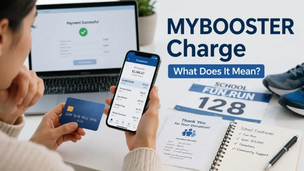 MYBOOSTER charge on credit card displayed in a mobile banking app with a credit card and school fundraiser donation receipt.