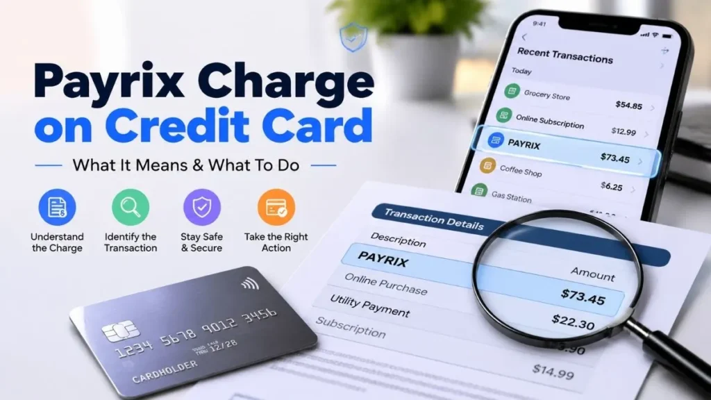 Payrix charge on credit card shown on a bank statement with a credit card and smartphone explaining the transaction.