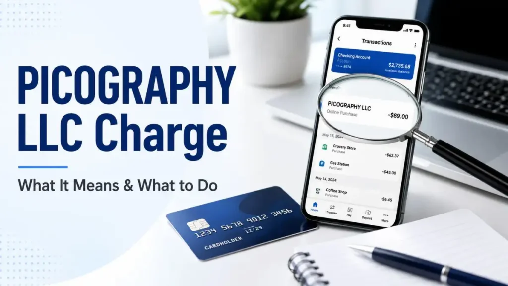 PICOGRAPHY LLC charge on credit card explained with a smartphone showing an unfamiliar transaction, credit card, and magnifying glass for payment verification.