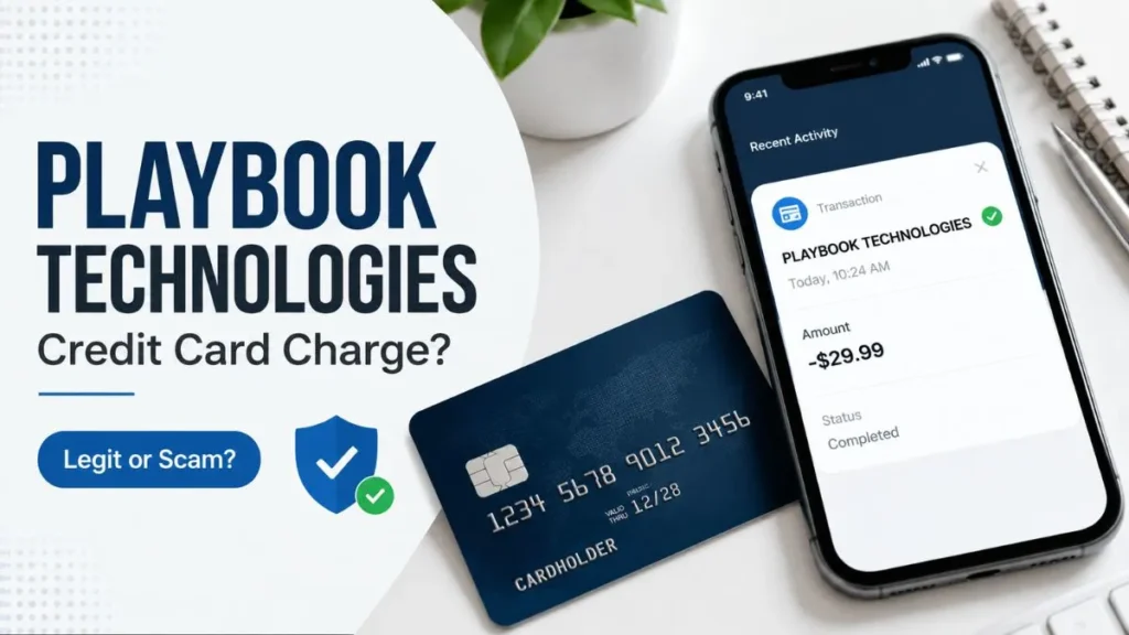 PLAYBOOK TECHNOLOGIES charge on credit card displayed on a banking app with a credit card, explaining a legitimate subscription payment.