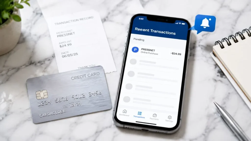 PRESSNET charge on credit card explained with a credit card and banking transaction screen