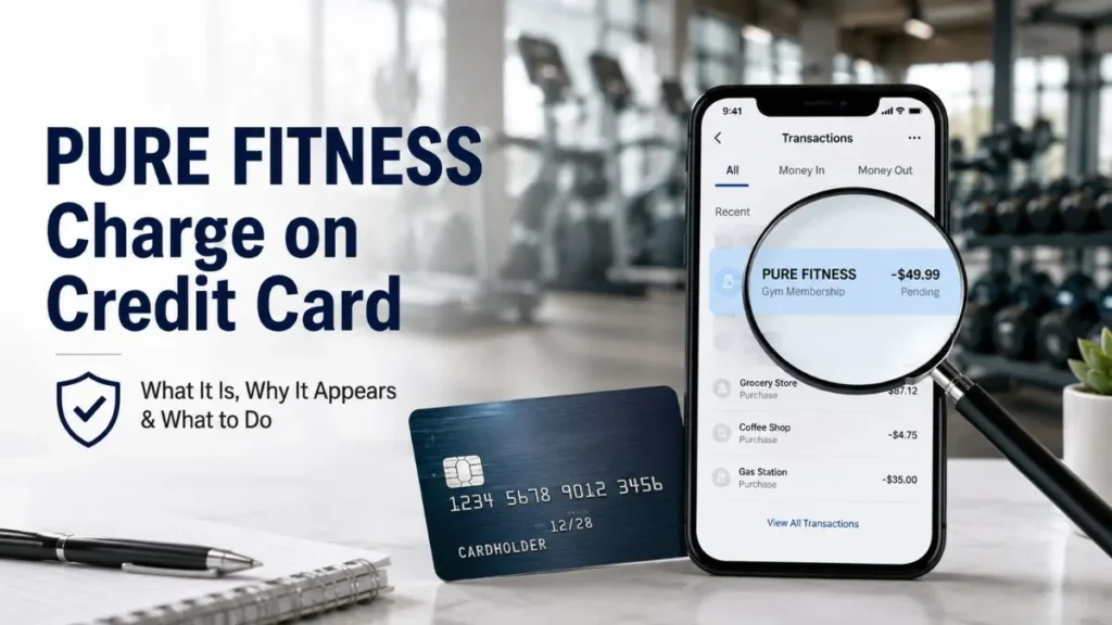 Pure Fitness charge on credit card shown on a banking app with a credit card, highlighting a gym membership transaction and payment verification