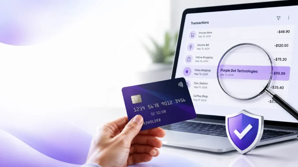 Purple Dot Technologies charge on credit card shown on an online banking statement with a secure payment verification concept.