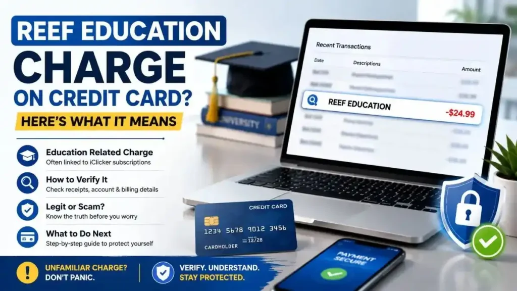 REEF EDUCATION charge on credit card displayed on an online banking statement with a laptop, credit card, and education-related items showing how to identify and verify the transaction.