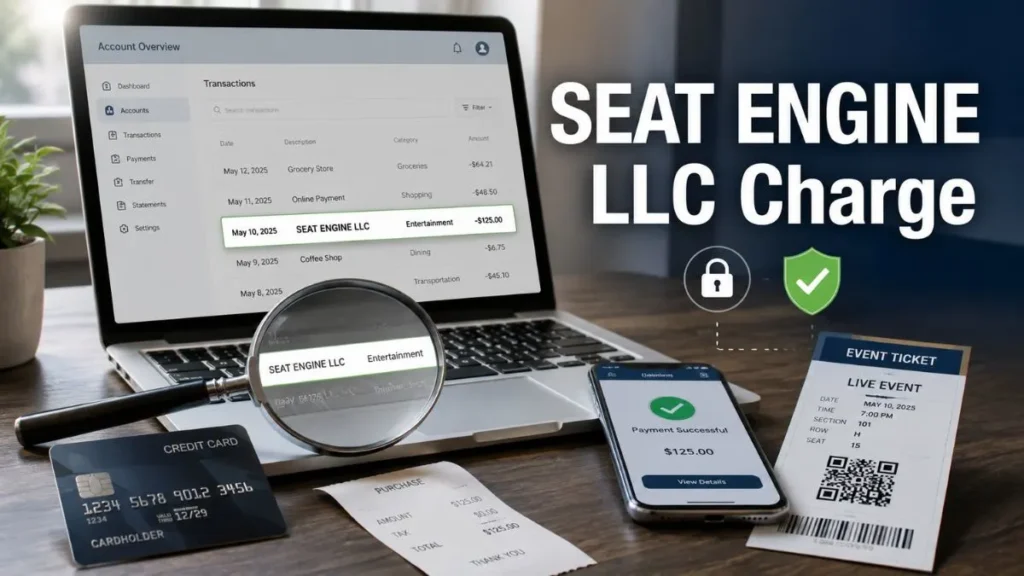 SEAT ENGINE LLC charge on credit card displayed on an online banking statement with an event ticket and credit card.