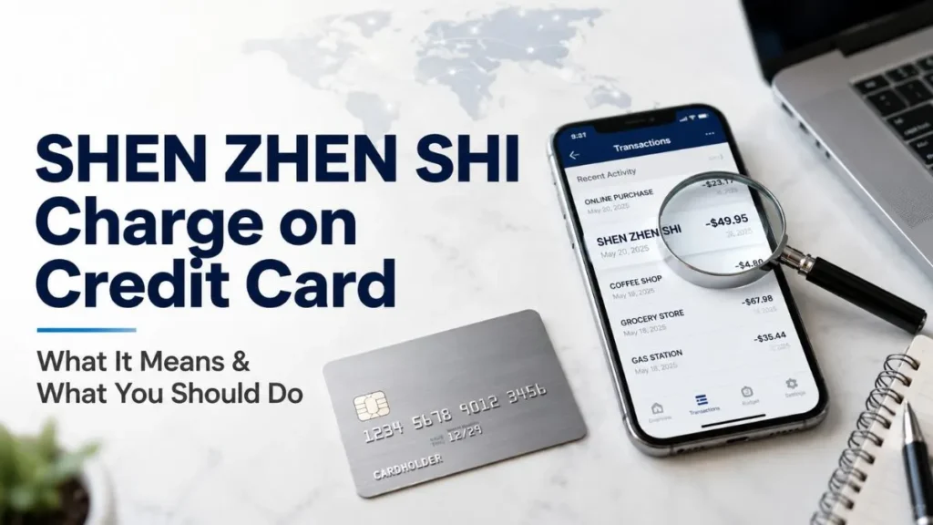 SHEN ZHEN SHI charge on credit card displayed on a banking app with a credit card and magnifying glass explaining an unfamiliar transaction