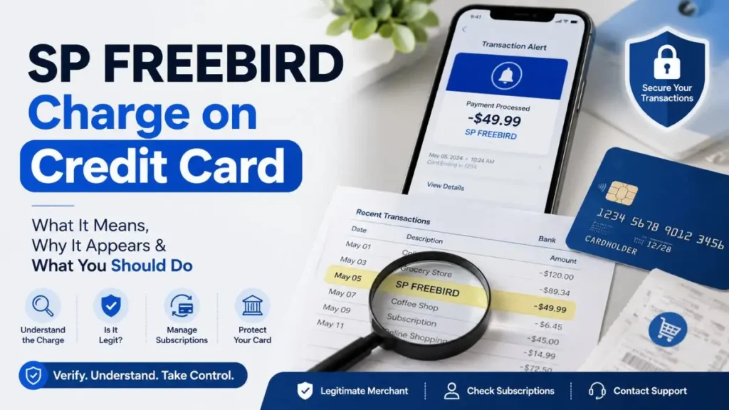 SP FREEBIRD charge on credit card shown on a bank statement with a credit card and smartphone illustrating how to verify an unknown transaction.