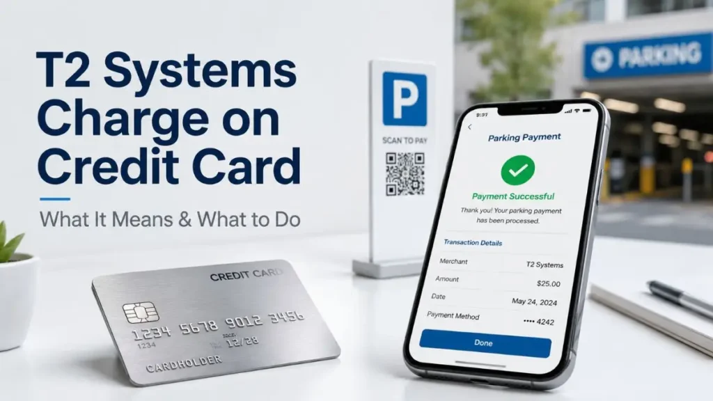 T2 Systems charge on credit card showing a parking payment confirmation on a smartphone beside a credit card