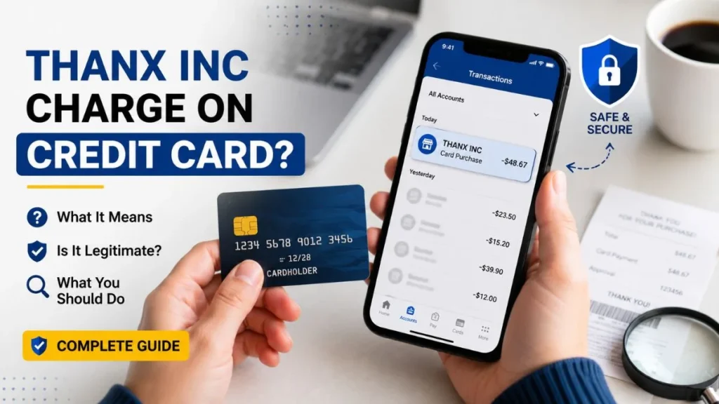 THANX INC charge on credit card shown on a banking app with a credit card, explaining an unfamiliar transaction