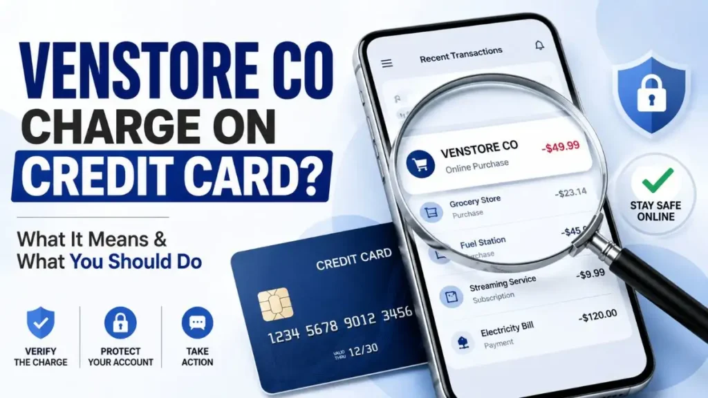 VENSTORE CO charge on credit card shown on a banking app with a credit card and security icons