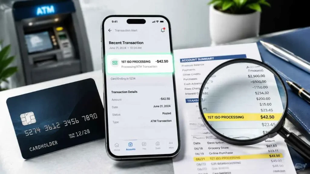 1st ISO Processing Charge on Credit Card explained with smartphone showing an unknown payment transaction