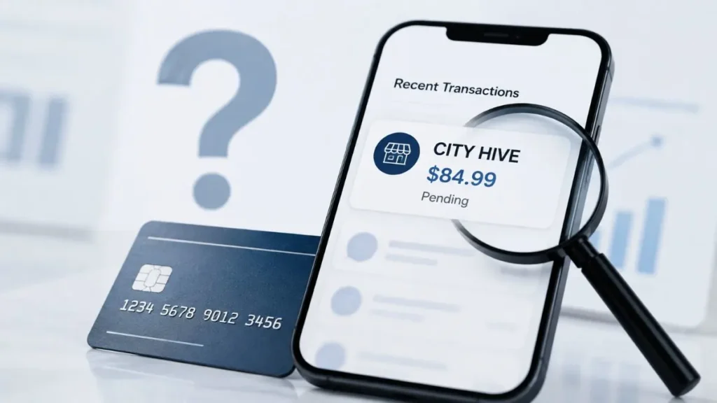 CITY HIVE charge on credit card shown on a smartphone transaction screen