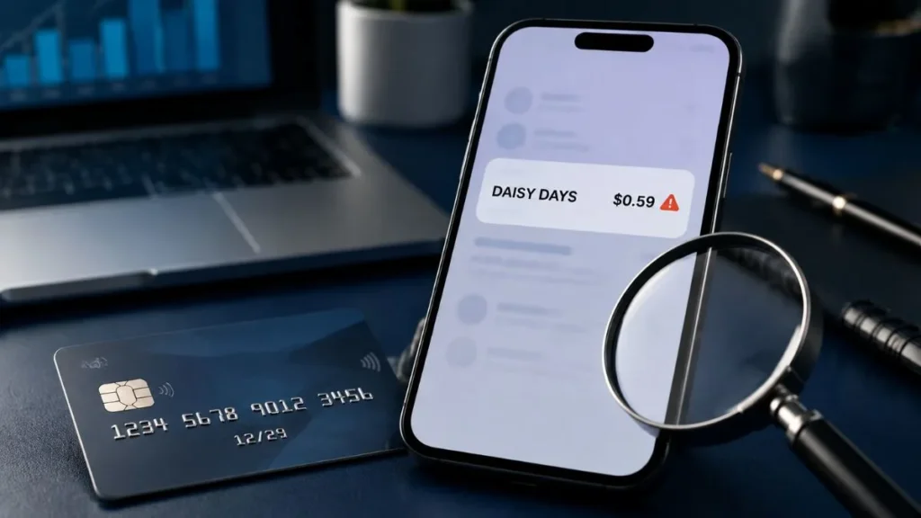 Daisy Days charge on credit card showing a $0.59 transaction on a smartphone