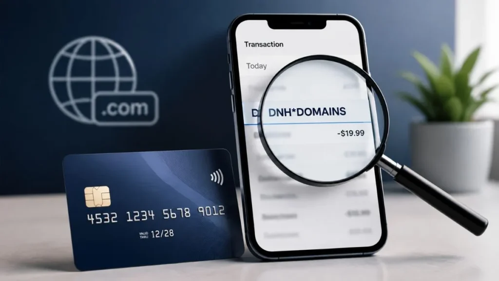 DNH Domains charge on credit card shown on a smartphone transaction with a credit card