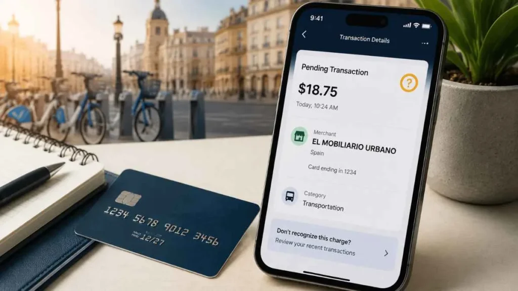 El Mobiliario Urbano charge on credit card showing an unfamiliar transaction on a smartphone