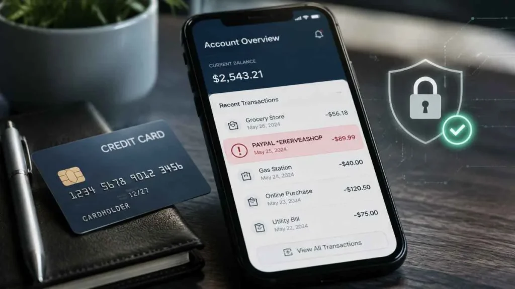 ERERVEASHOP charge on credit card showing PayPal transaction alert and payment security verification