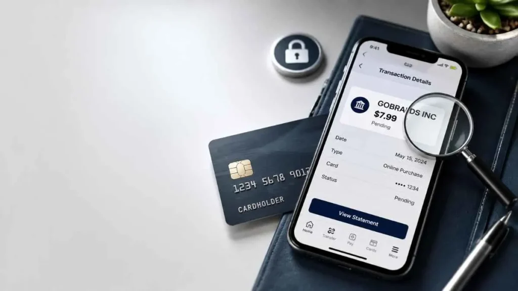GOBRANDS INC charge on credit card explained with smartphone transaction screen