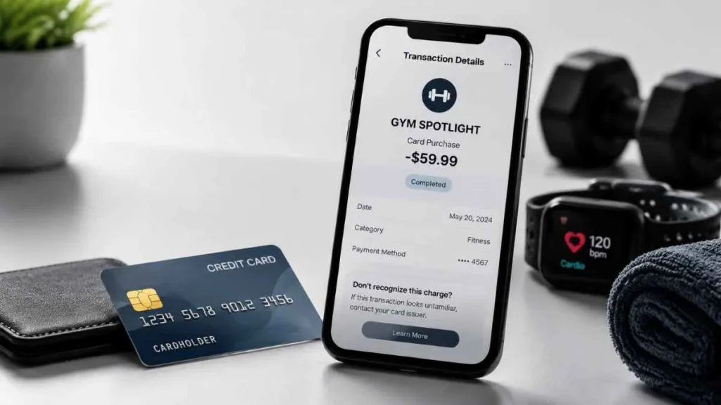GYM SPOTLIGHT charge on credit card transaction shown on smartphone with fitness membership concept