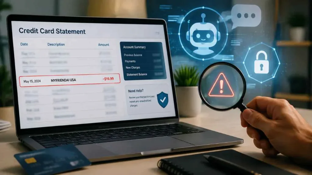 MyFriendAI USA charge on credit card showing an unknown AI subscription payment