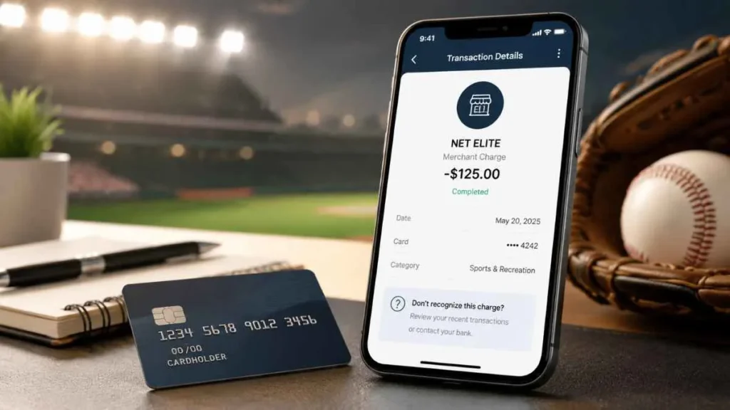 NET ELITE charge on credit card explained with credit card and transaction verification on smartphone