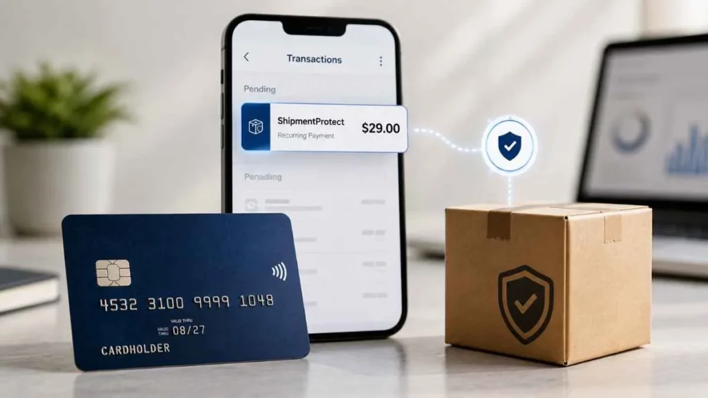 Shipment Protect charge on credit card showing a $29 recurring payment and package protection