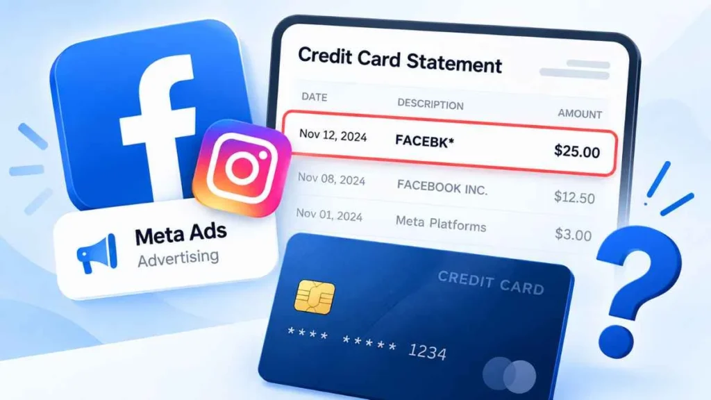 Facebook advertising charge on credit card showing a FACEBK transaction