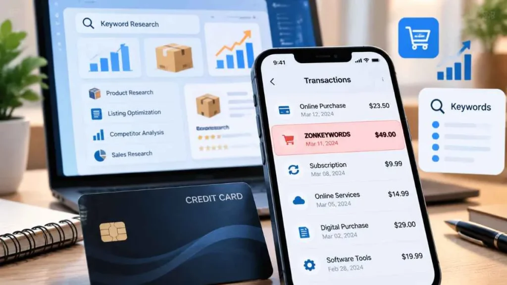 ZONKEYWORDS charge on credit card transaction shown on smartphone banking statement with Amazon keyword research software concept