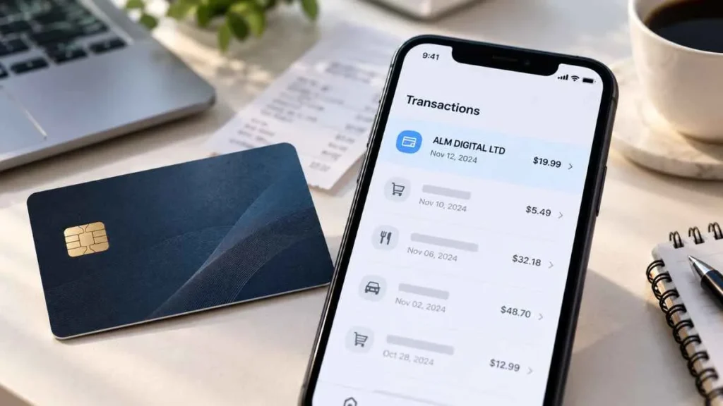 ALM DIGITAL LTD charge on credit card shown on a smartphone transaction screen