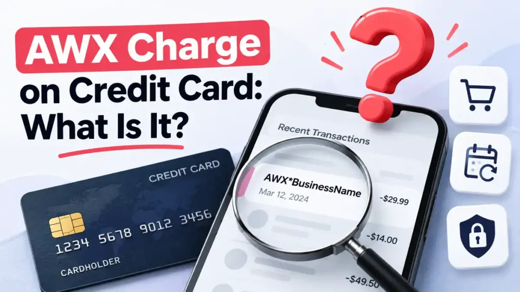 AWX charge on credit card statement shown on a smartphone with a magnifying glass