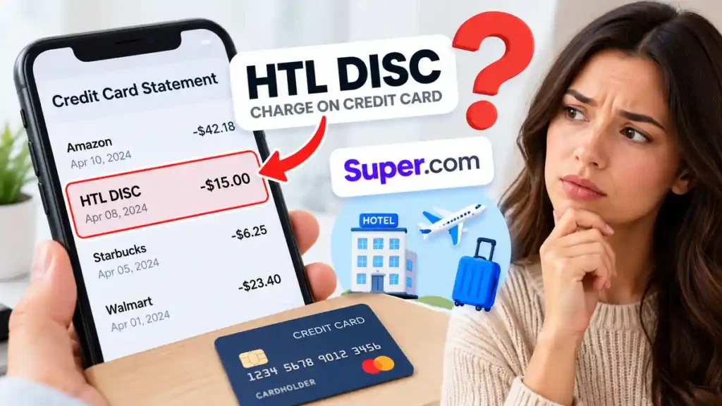 HTL DISC charge on credit card statement highlighted on a smartphone