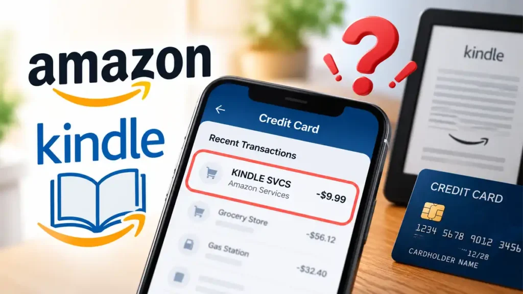 KINDLE SVCS charge on credit card statement with a Kindle e-reader and credit card