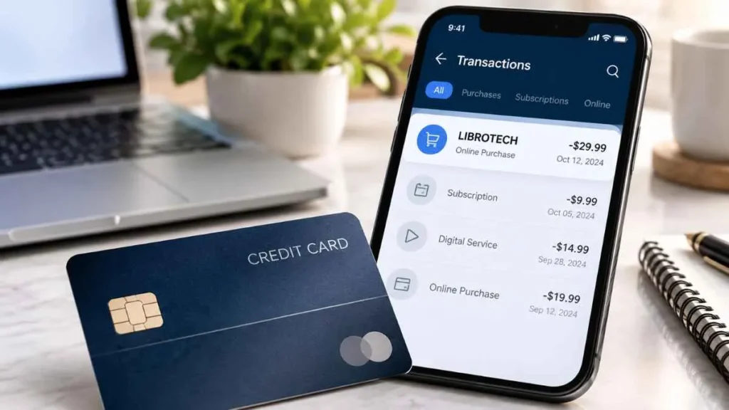Librotech charge on credit card shown on a digital payment transaction screen