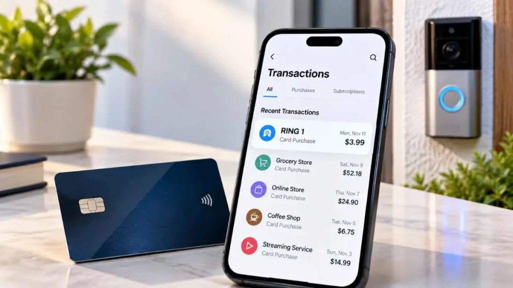RING 1 charge on credit card shown on a smartphone transaction screen